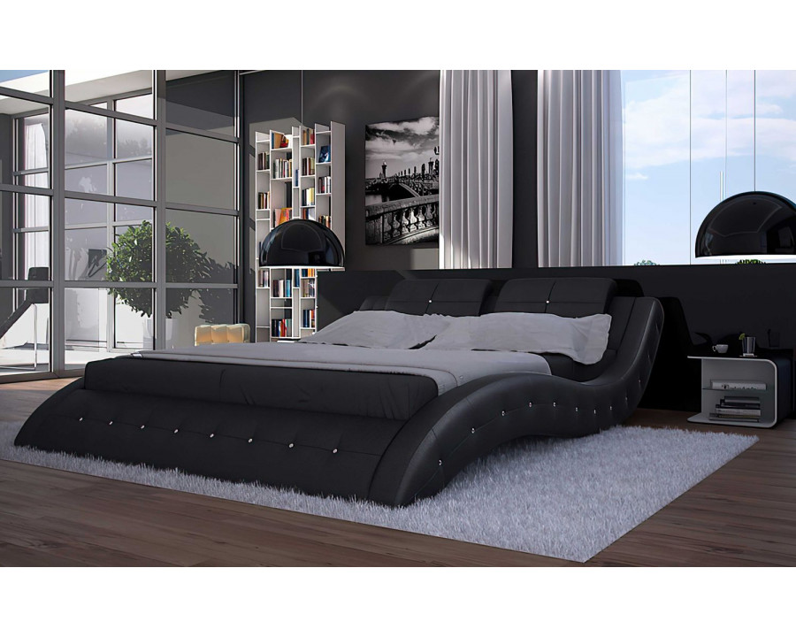 Jubilee Hnoss Curved Modern Queen Size Platform Bed - Black, Bonded Leather