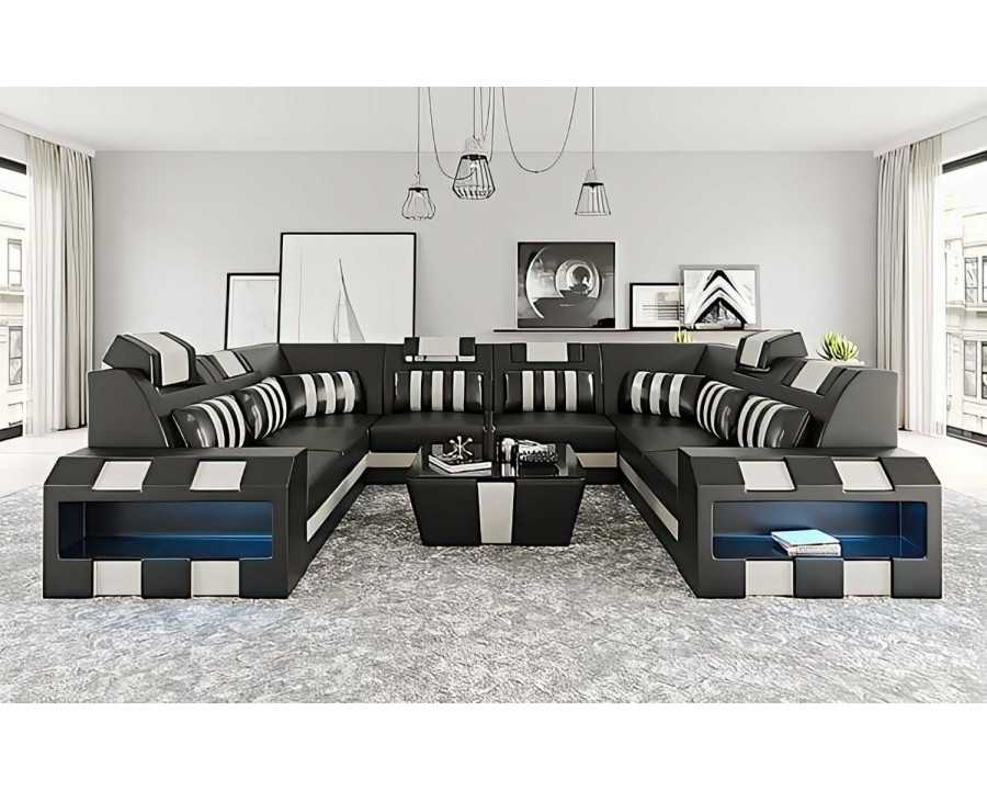 Jubilee Cosmo Xl U-Shape Modern Sectional with Led - Black/White, Bonded Leather