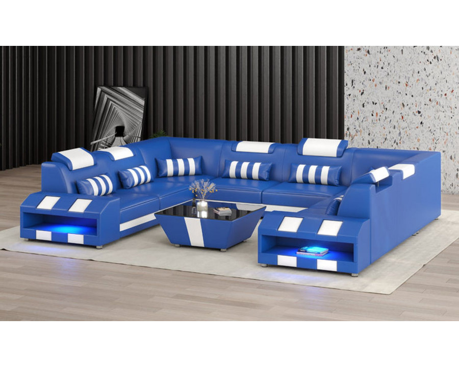 Jubilee Cosmo Xl U-Shape Modern Sectional with Led - Blue/White, Bonded Leather