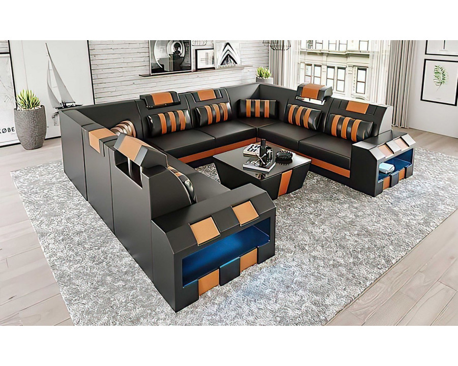 Jubilee Cosmo Xl U-Shape Modern Sectional with Led - Black/Orange, Bonded Leather