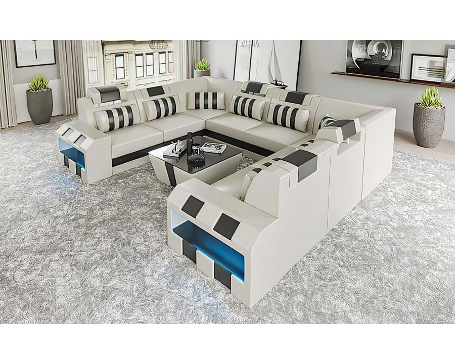 Jubilee Cosmo Xl U-Shape Modern Sectional with Led - White/Black, Bonded Leather