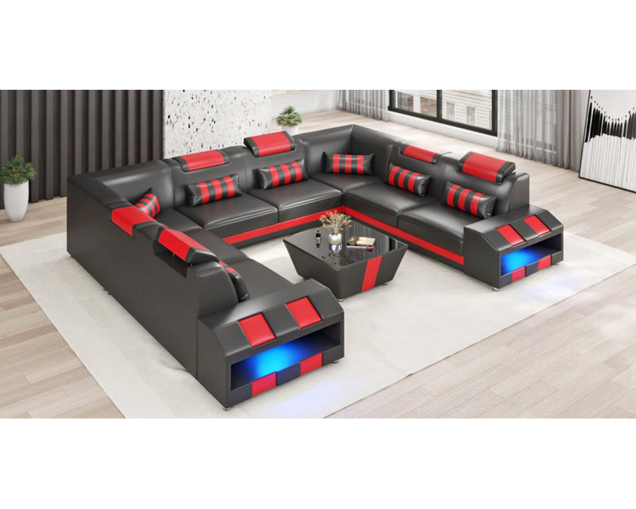 Jubilee Cosmo Xl U-Shape Modern Sectional with Led - Black/Red, Bonded Leather