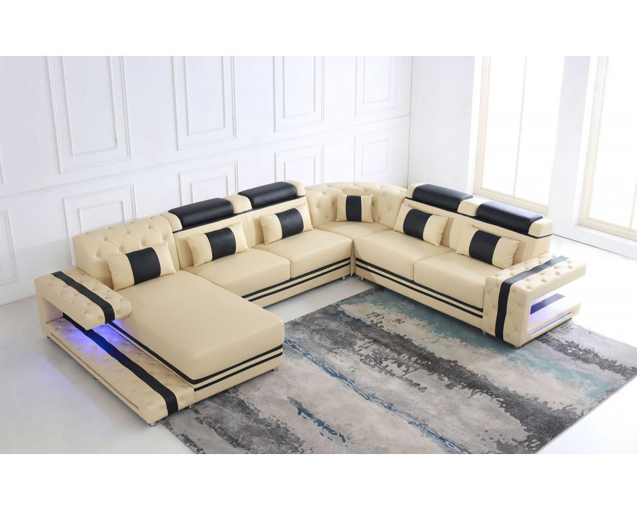 Jubilee Zion Modern Left Hand Facing Sectional Sofa with Led - Beige/Black, Bonded Leather