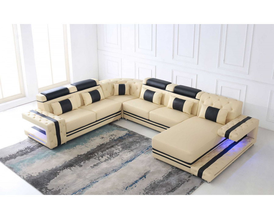 Jubilee Zion Modern Right Hand Facing Sectional Sofa with Led - Beige/Black, Bonded Leather