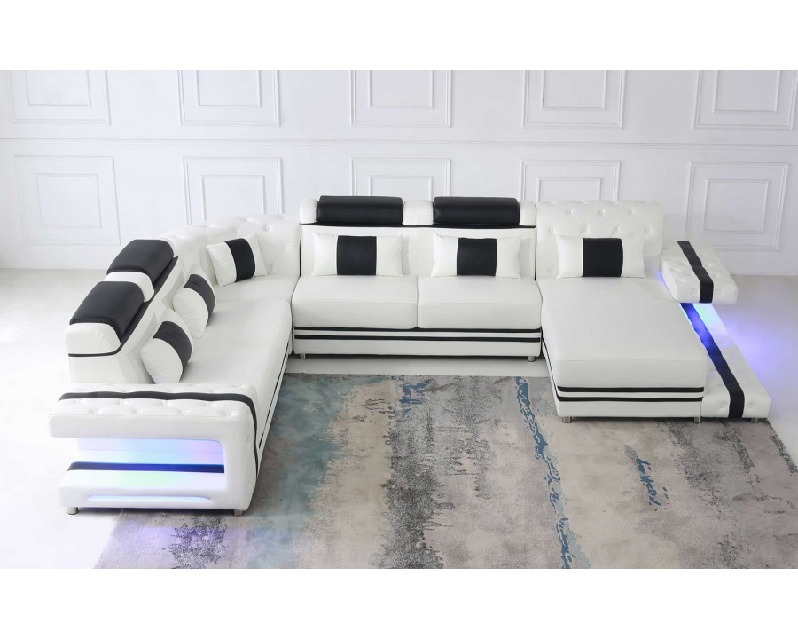 Jubilee Zion Modern Right Hand Facing Sectional Sofa with Led - White/Black, Top Grain Italian Leather