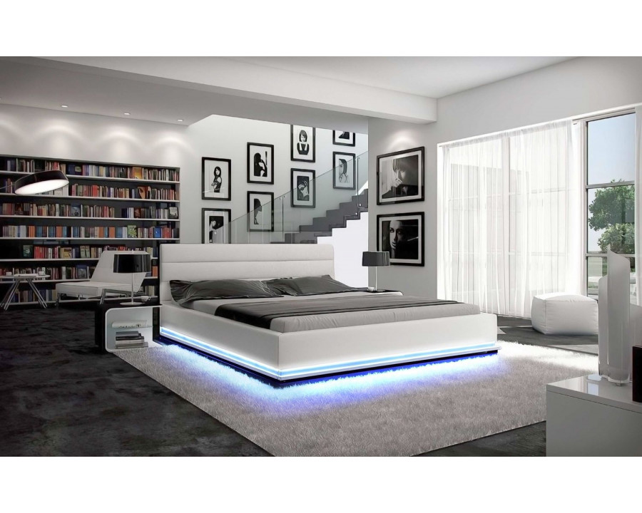 Jubilee Ramirez Modern Queen Size Bed with Leds - White, Bonded Leather