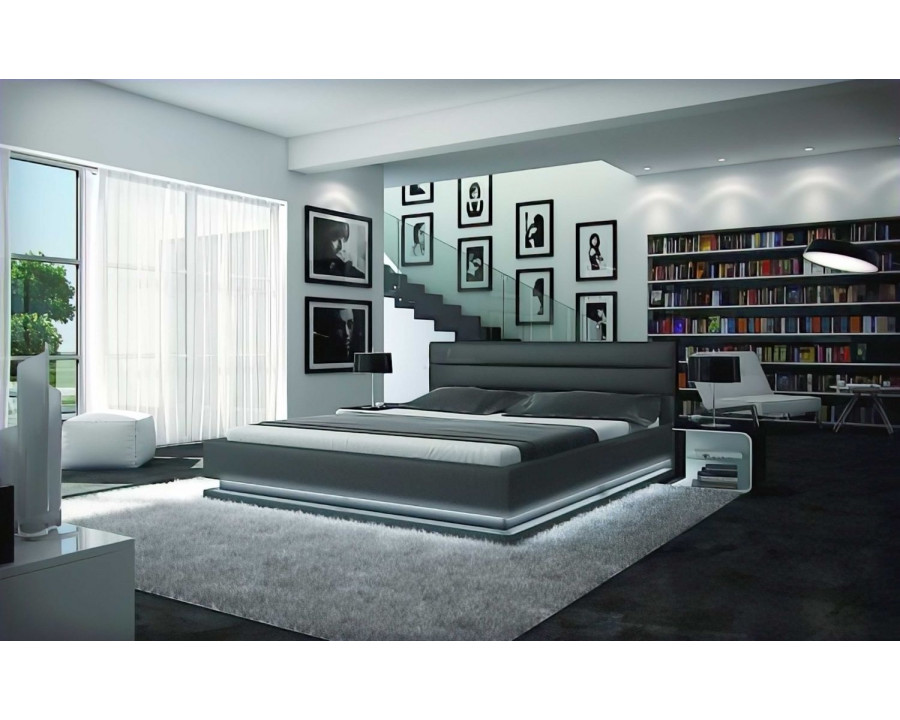 Jubilee Ramirez Modern King Size Bed with Leds - Gray, Top Grain Italian Leather