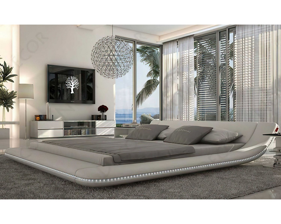 Jubilee Tavia Modern Minimalist Queen Size Bed with Leds - Gray, Top Grain Italian Leather