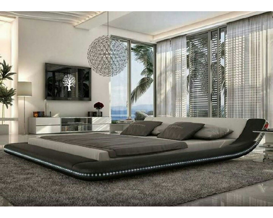 Jubilee Tavia Modern Minimalist Queen Size Bed with Leds - Gray/Black, Fabric