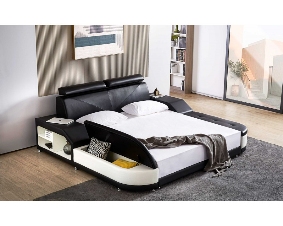 Jubilee Alden Modern Queen Size Bed with Ottoman - Black/White, Bonded Leather