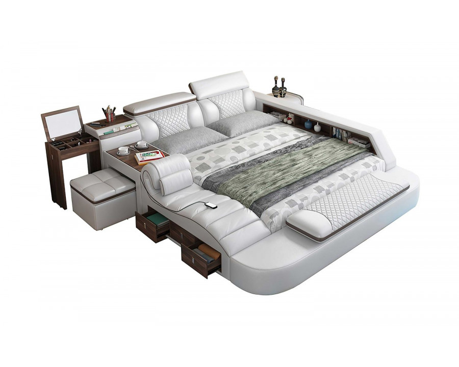 Jubilee Paxton Modern Multifunctional Smart Queen Size Left Hand Facing Bed - Silver/Brown, Top Grain Italian Leather