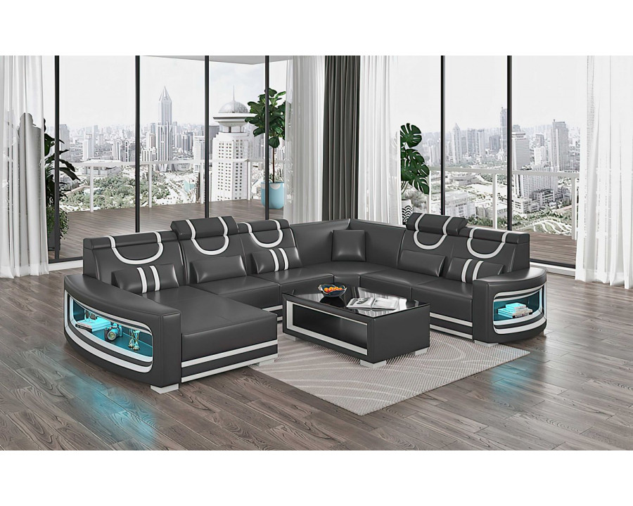 Jubilee Luca Modern U-Shape Left Hand Facing Sectional with Led - Black/White, Bonded Leather