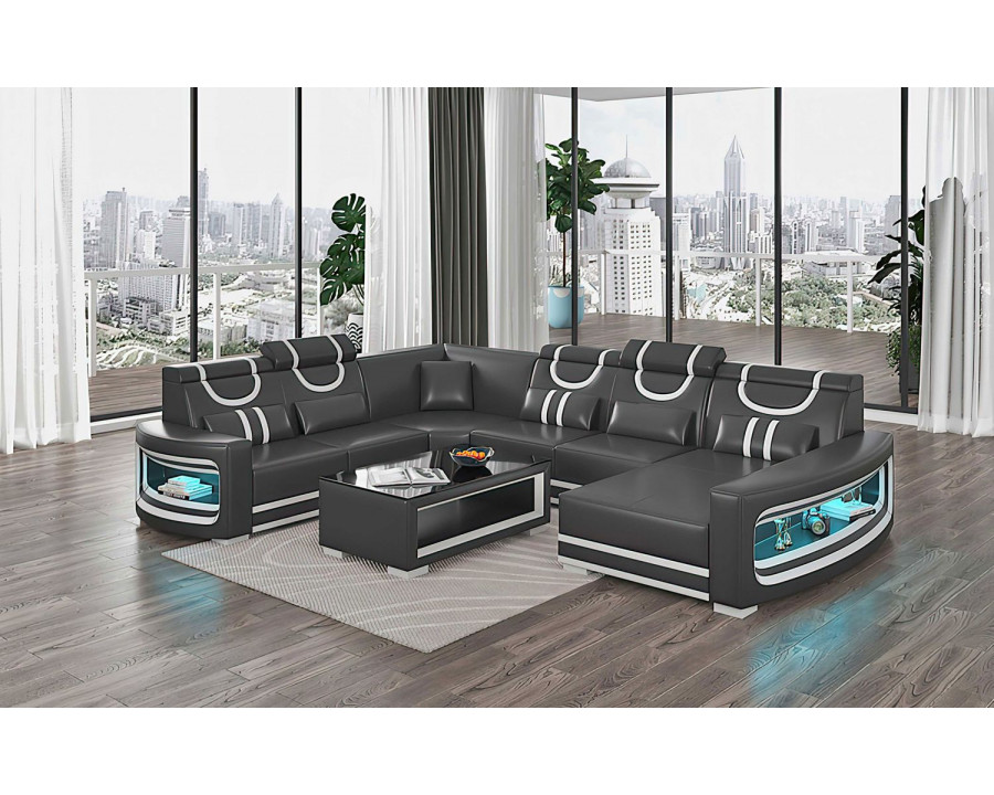 Jubilee Luca Modern U-Shape Right Hand Facing Sectional with Led - Black/White, Bonded Leather