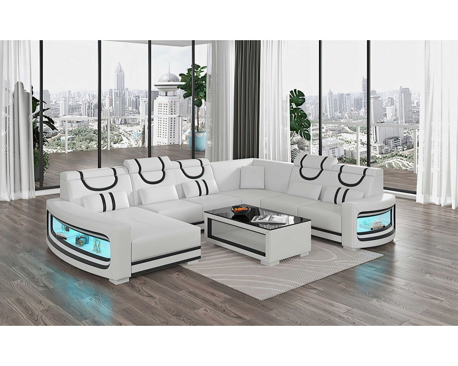 Jubilee Luca Modern U-Shape Left Hand Facing Sectional with Led - White/Black, Bonded Leather