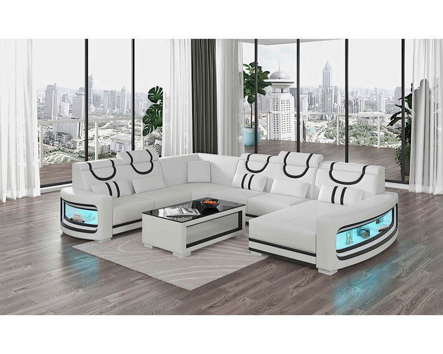 Jubilee Luca Modern U-Shape Right Hand Facing Sectional with Led - White/Black, Bonded Leather