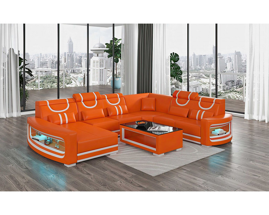 Jubilee Luca Modern U-Shape Left Hand Facing Sectional with Led - Orange/White, Bonded Leather