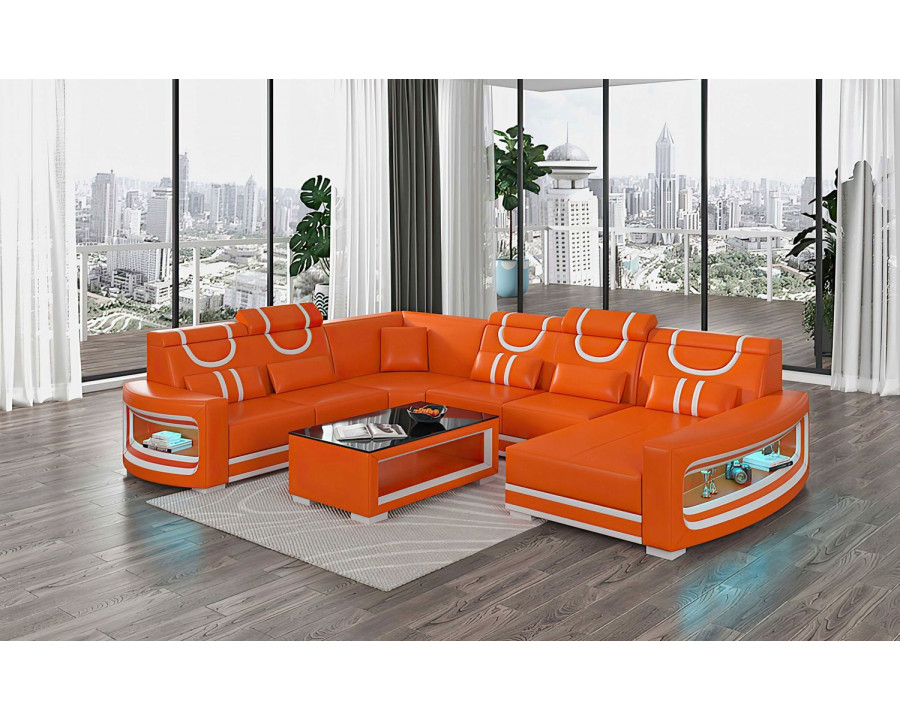 Jubilee Luca Modern U-Shape Right Hand Facing Sectional with Led - Orange/White, Bonded Leather