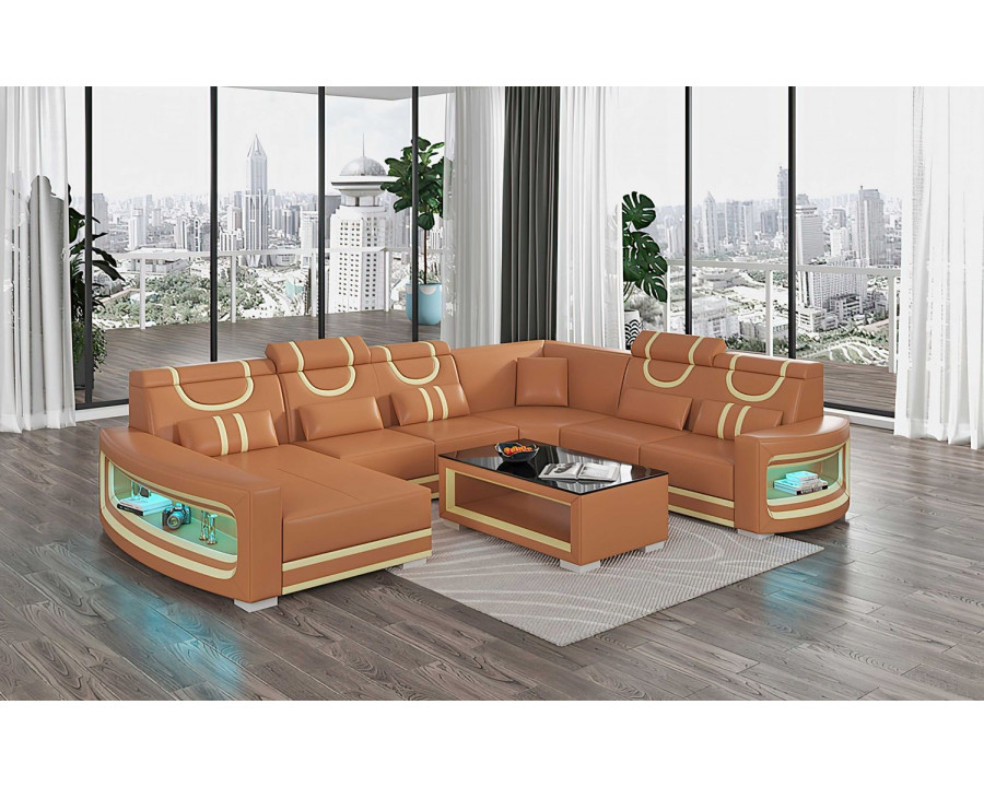 Jubilee Luca Modern U-Shape Left Hand Facing Sectional with Led - Brown/Beige, Bonded Leather