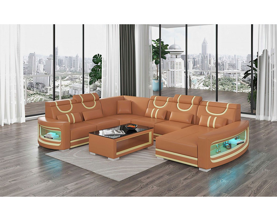 Jubilee Luca Modern U-Shape Right Hand Facing Sectional with Led - Brown/Beige, Bonded Leather