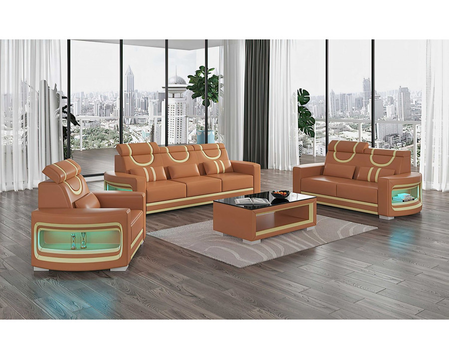 Jubilee Luca Modern Sofa Set with Led - Brown/Beige, Bonded Leather