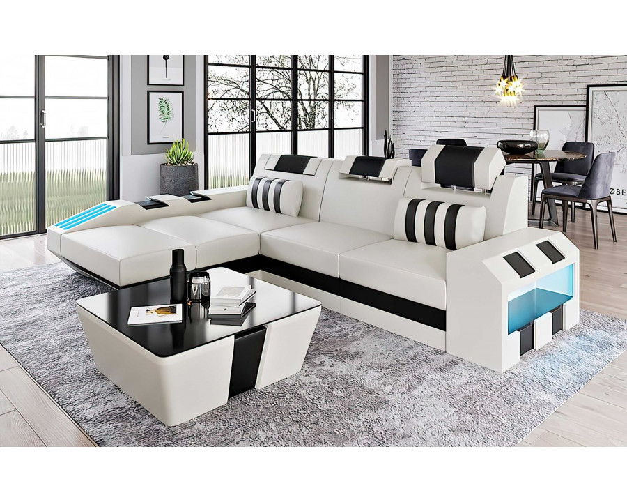 Jubilee Cosmo Small Modern Left Hand Facing Sectional with Led - White/Black, Bonded Leather