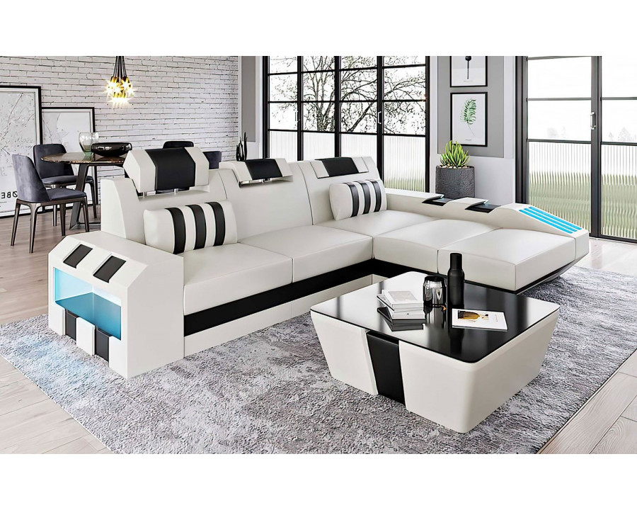 Jubilee Cosmo Small Modern Right Hand Facing Sectional with Led - White/Black, Bonded Leather