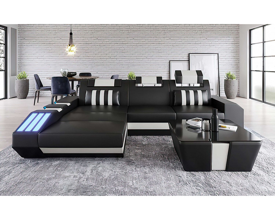 Jubilee Cosmo Small Modern Left Hand Facing Sectional with Led - Black/White, Bonded Leather