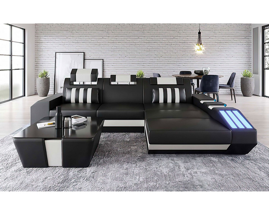 Jubilee Cosmo Small Modern Right Hand Facing Sectional with Led - Black/White, Bonded Leather