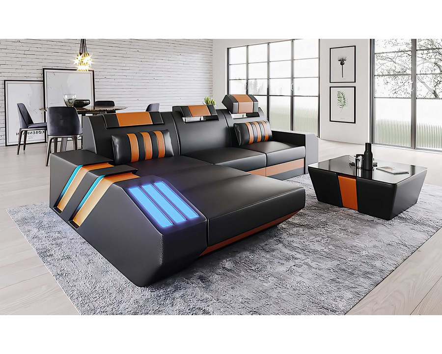 Jubilee Cosmo Small Modern Left Hand Facing Sectional with Led - Black/Orange, Bonded Leather