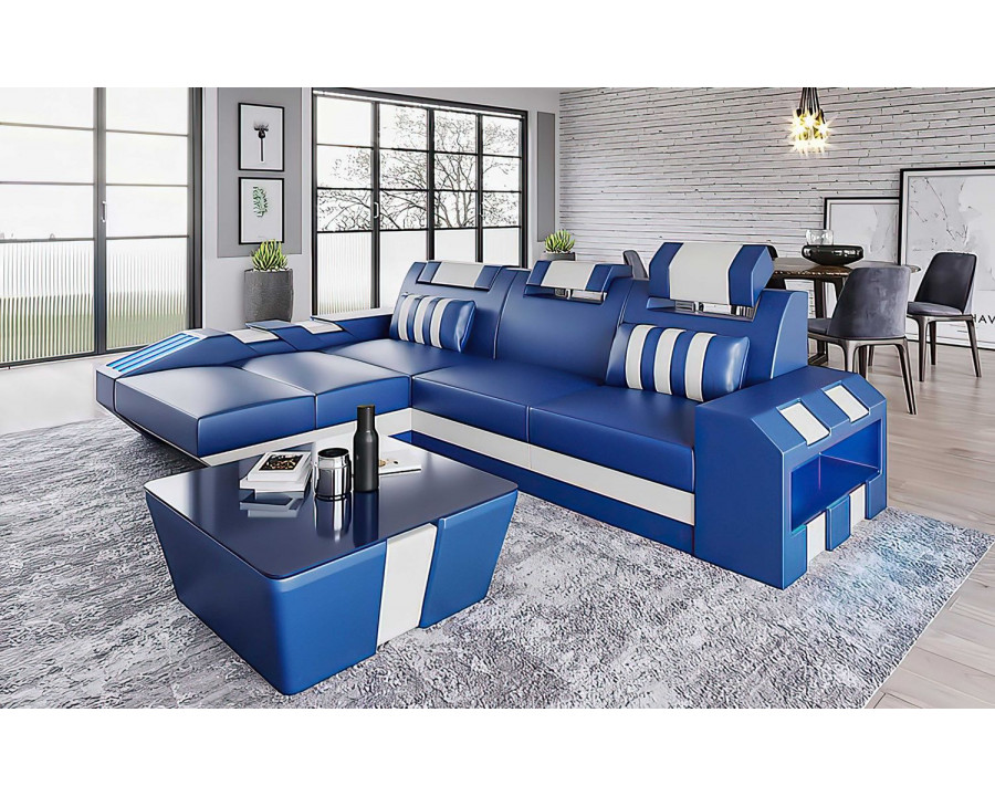 Jubilee Cosmo Small Modern Left Hand Facing Sectional with Led - Blue/White, Bonded Leather