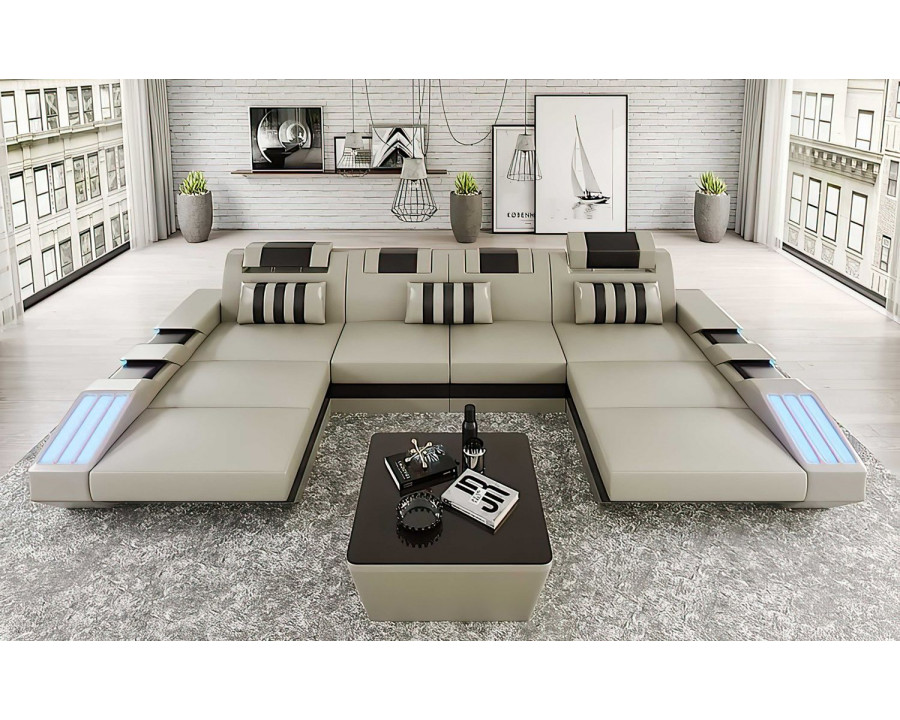 Jubilee Cosmo U-Shape Modern Sectional with Led - White/Black, Bonded Leather