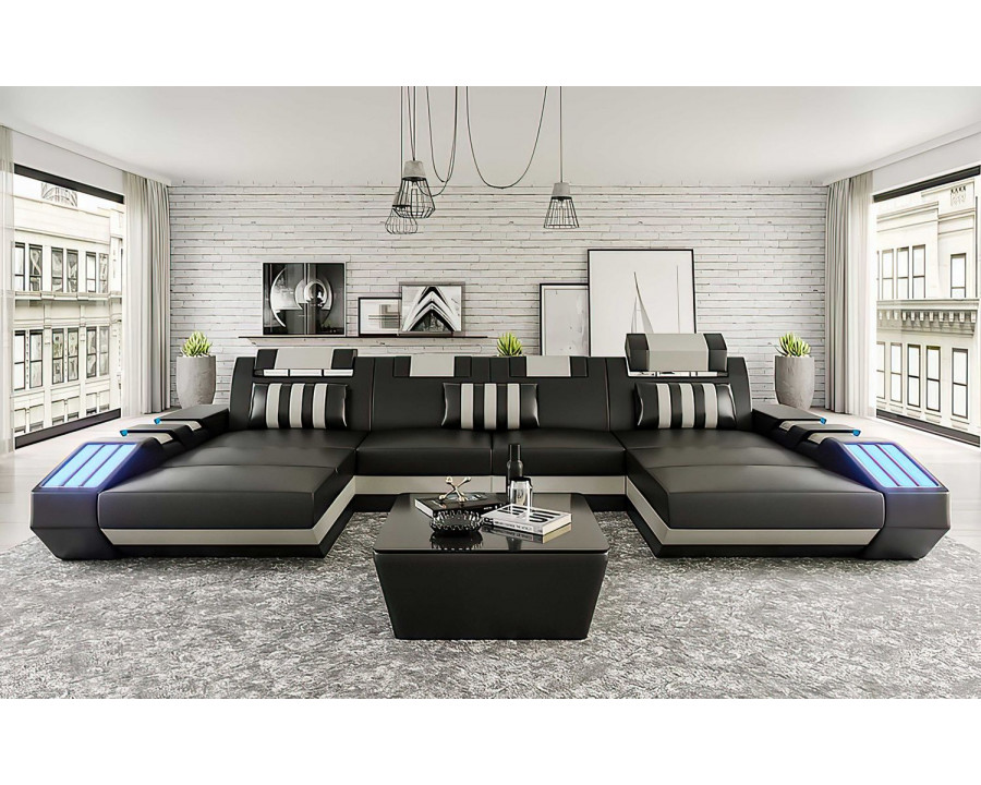 Jubilee Cosmo U-Shape Modern Sectional with Led - Black/White, Bonded Leather