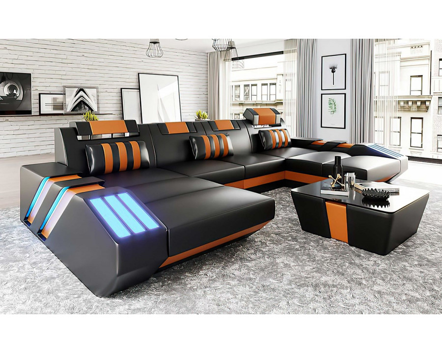 Jubilee Cosmo U-Shape Modern Sectional with Led - Black/Orange, Bonded Leather