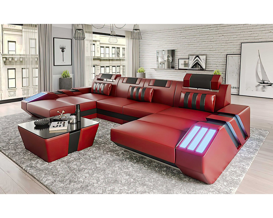 Jubilee Cosmo U-Shape Modern Sectional with Led - Red/Black, Bonded Leather