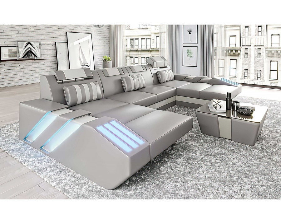 Jubilee Cosmo U-Shape Modern Sectional with Led - Gray/White, Bonded Leather