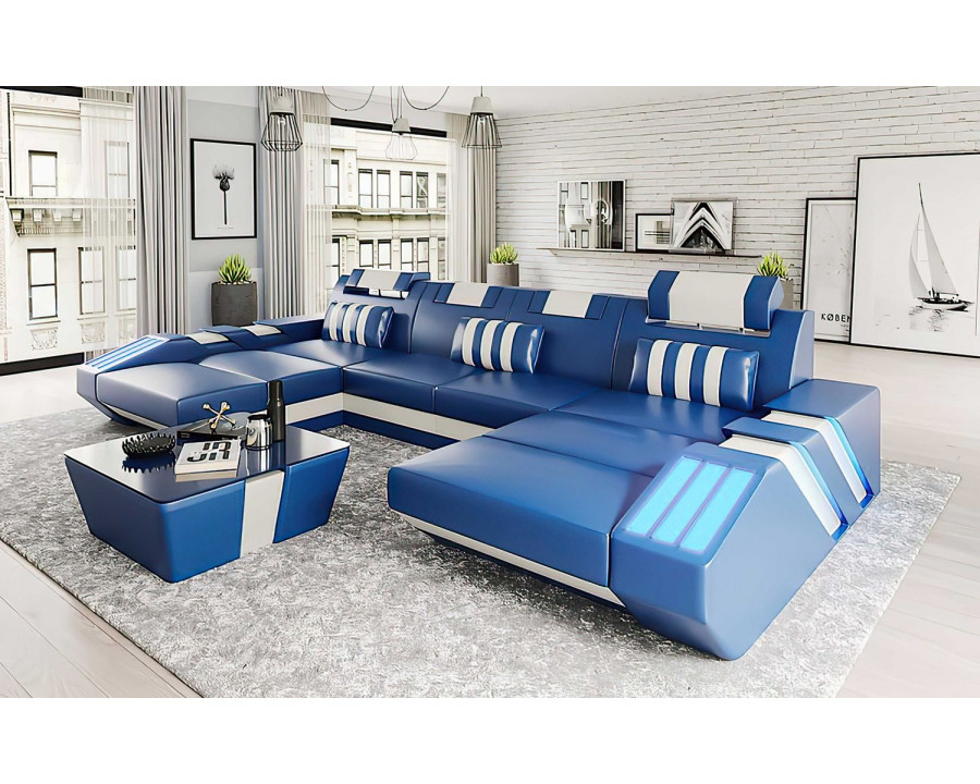 Jubilee Cosmo U-Shape Modern Sectional with Led - Blue/White, Bonded Leather