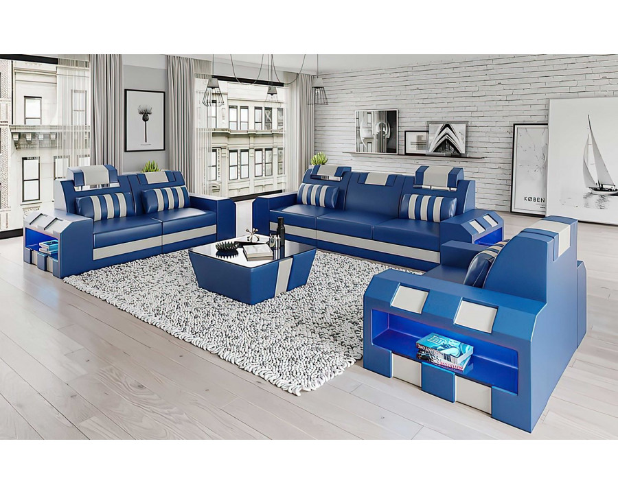 Jubilee Cosmo Modern Sofa Set with Led - Blue/White, Bonded Leather