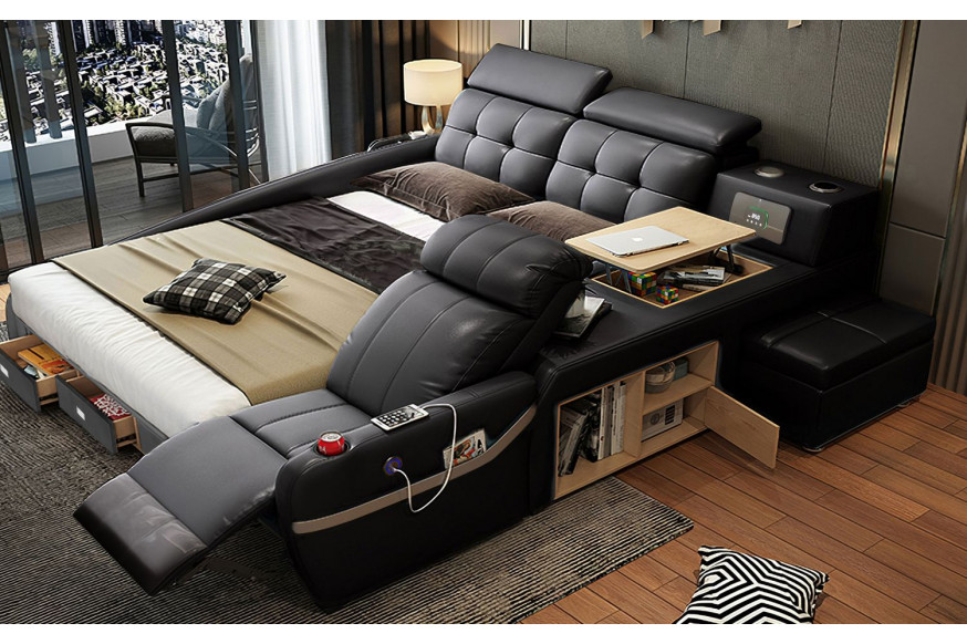 Jubilee™ Veronica Multifunctional Smart Queen Size Left Hand Facing Bed - Black, Bonded Leather