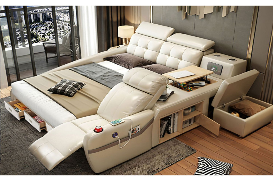 Jubilee™ Veronica Multifunctional Smart Queen Size Left Hand Facing Bed - Beige, Bonded Leather