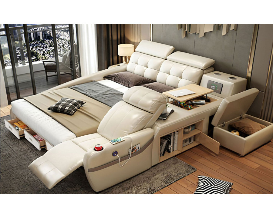 Jubilee Veronica Multifunctional Smart Queen Size Left Hand Facing Bed - Beige, Bonded Leather