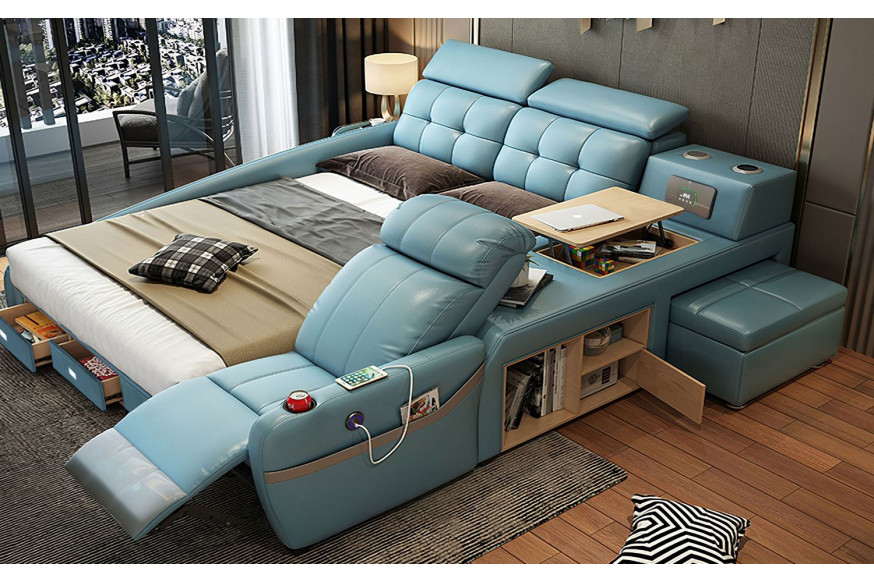 Jubilee™ Veronica Multifunctional Smart Queen Size Left Hand Facing Bed - Blue, Bonded Leather