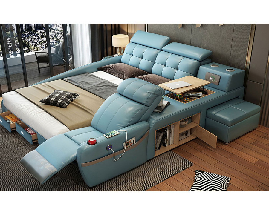 Jubilee Veronica Multifunctional Smart Queen Size Left Hand Facing Bed - Blue, Bonded Leather