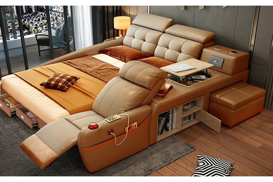 Jubilee™ Veronica Multifunctional Smart Queen Size Left Hand Facing Bed - Brown, Bonded Leather