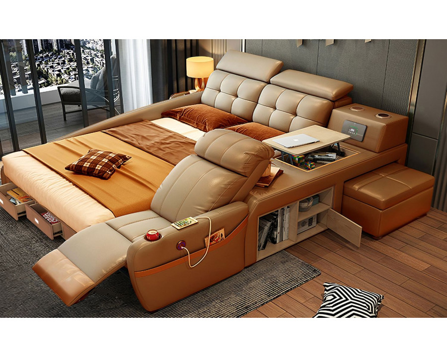 Jubilee Veronica Multifunctional Smart Queen Size Left Hand Facing Bed - Brown, Bonded Leather