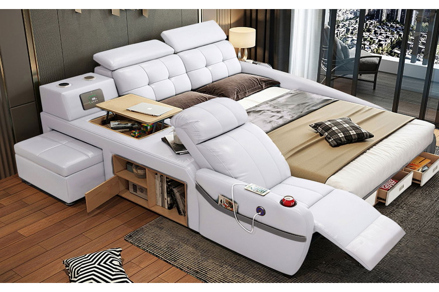 Jubilee™ Veronica Multifunctional Smart Queen Size Left Hand Facing Bed - White, Bonded Leather