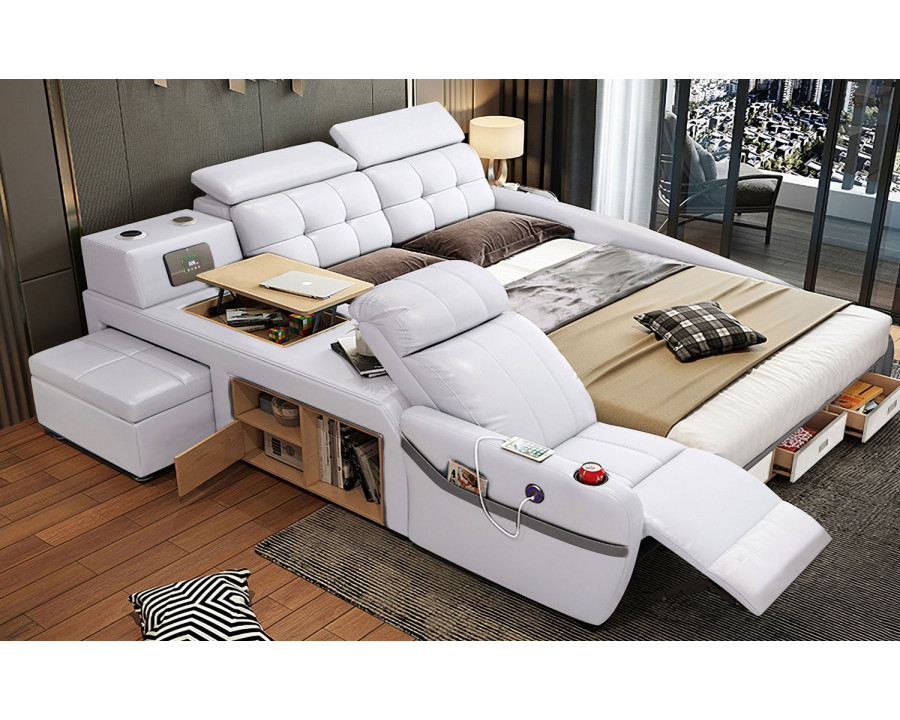 Jubilee Veronica Multifunctional Smart Queen Size Left Hand Facing Bed - White, Bonded Leather