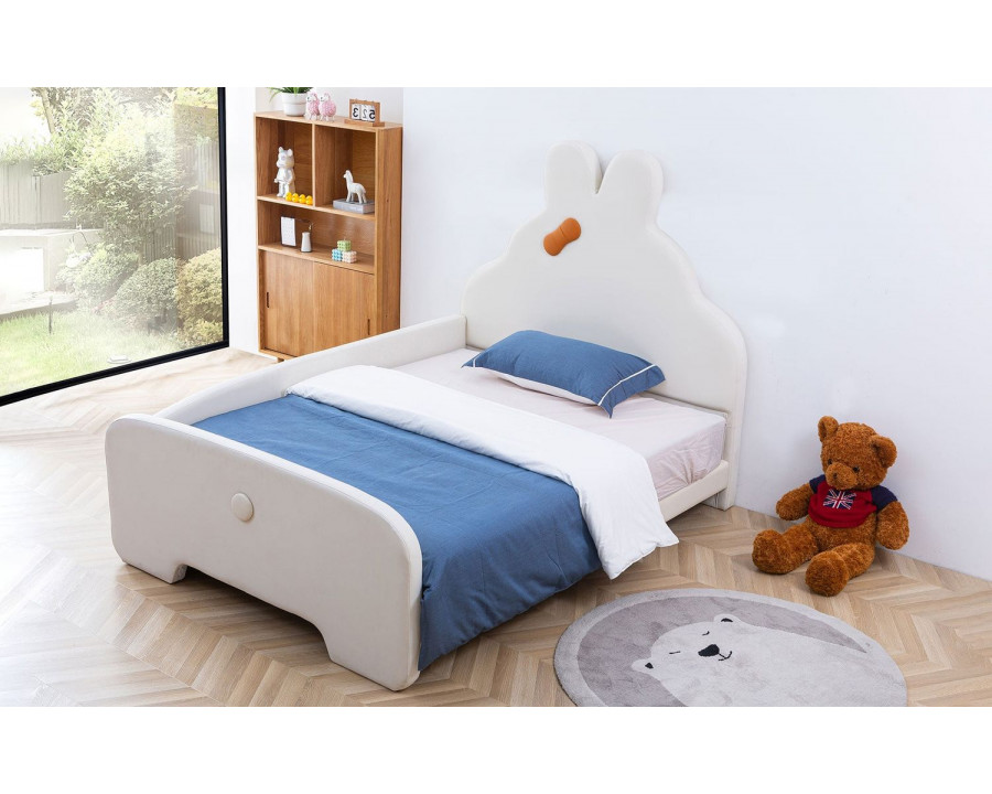 Jubilee Mila Rabbit-Shape Teen Queen Size Left Hand Facing Bed - Cream White, Bonded Leather