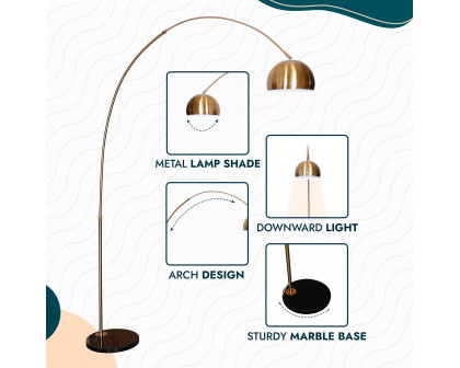 LeisureMod Arco Modern Arched Floor Lamp with Black Round Marble Base - Gold