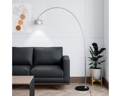 LeisureMod Arco Modern Arched Floor Lamp with Black Round Marble Base - Silver