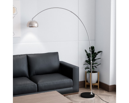 LeisureMod Arco Modern Arched Floor Lamp with Black Round Marble Base - Silver